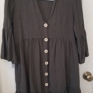 Zara Oversized Cottagecore Olive Linen Blend Ruffled Mini Tunic Dress XS